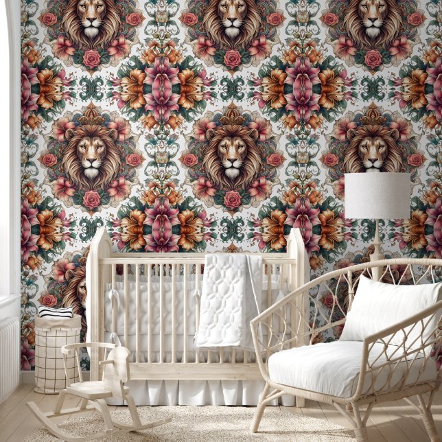 Majestic Lion & Boho Floral Harmony Wallpaper (Kids)