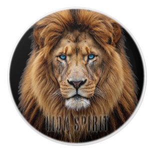 Majestic Lion Face with Blue Eyes   Wildlife Anima Ceramic Knob