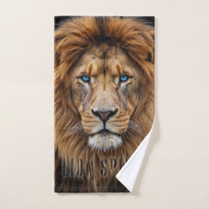 Majestic Lion Face with Blue Eyes Wildlife Anima Hand Towel