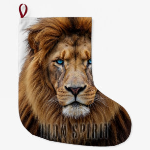 Majestic Lion Face with Blue Eyes Wildlife Anima Large Christmas Stocking
