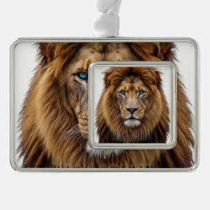 Majestic Lion Face with Blue Eyes   Wildlife Anima Silver Plated Framed Ornament
