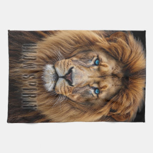 Majestic Lion Face with Blue Eyes   Wildlife Anima Tea Towel