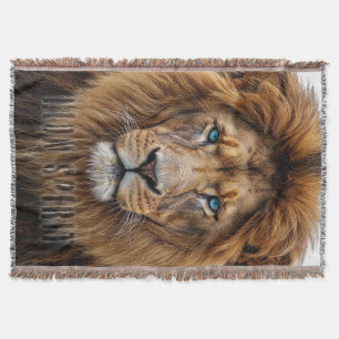 Majestic Lion Face with Blue Eyes Wildlife Anima Throw Blanket