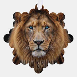 Majestic Lion Face with Blue Eyes   Wildlife Anima Tree Decoration Card