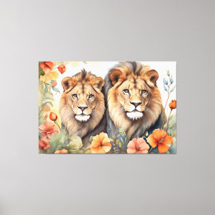Majestic Lion & Floral Watercolor Art Print 