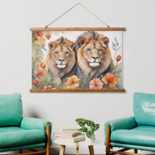 Majestic Lion & Floral Watercolor Art Print Hanging Tapestry