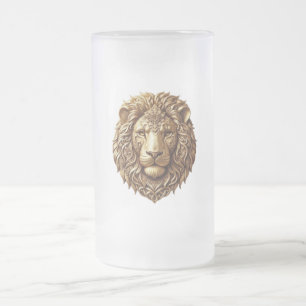 Majestic Lion Head Tribal Ornament Art Frosted Gla Glass Beer Mug