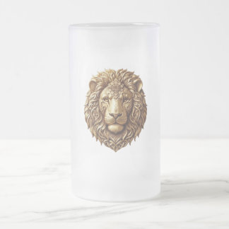 Majestic Lion Head Tribal Ornament Art Frosted Gla Glass Beer Mug