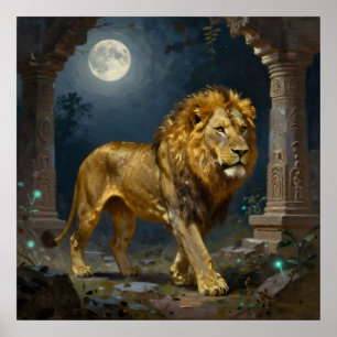 Majestic Lion Strolling under the Moonlight  Poster
