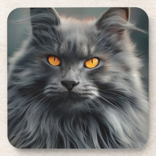 Majestic Long-Haired Cat Portrait Design Coaster
