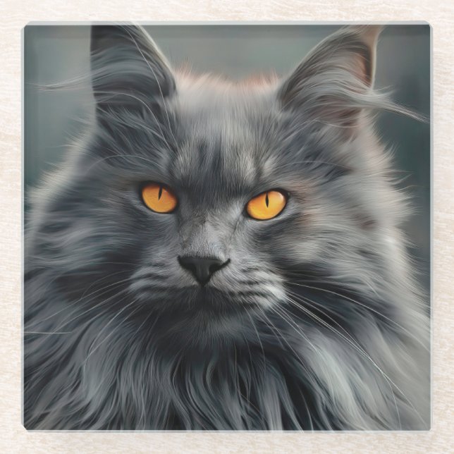 Majestic Long-Haired Cat Portrait Design Glass Coaster (Front)