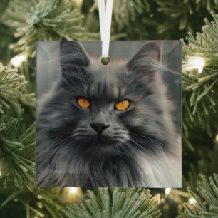 Majestic Long-Haired Cat Portrait Design Glass Tree Decoration