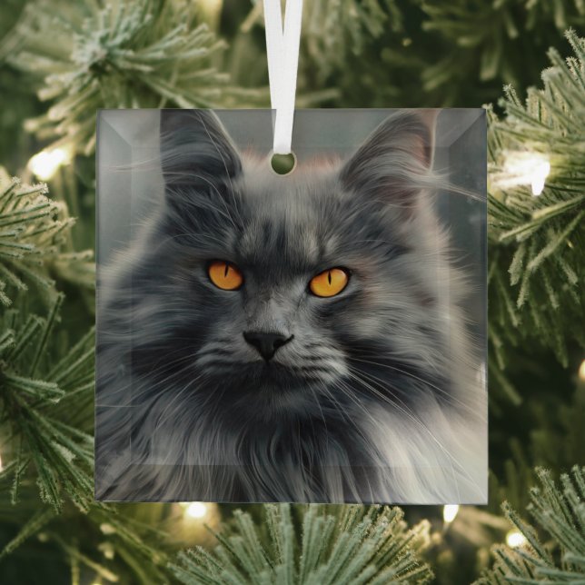 Majestic Long-Haired Cat Portrait Design Glass Tree Decoration (Insitu)