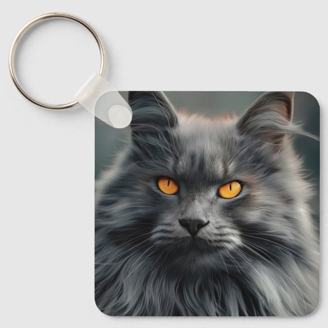 Majestic Long-Haired Cat Portrait Design Key Ring (Front)