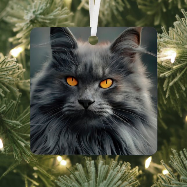 Majestic Long-Haired Cat Portrait Design Metal Tree Decoration (Insitu)