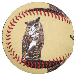 Majestic Looking Brown White Owl on Stump Tan Softball