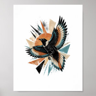 Majestic Magpie in Flight Vintage Sunburst Poster