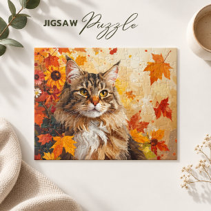 Majestic Maine Coon with Fall Leaves and Sunflower Jigsaw Puzzle