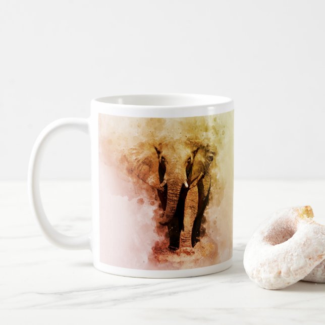 Majestic Male African Elephant Walking Watercolor Coffee Mug (With Donut)