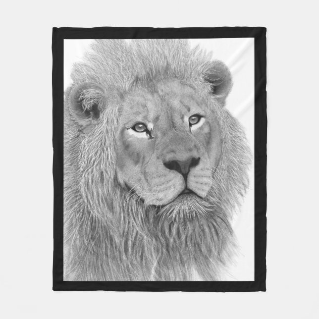 Majestic Male Lion Black and White Digital Artwork Fleece Blanket (Front)