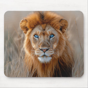 Majestic Male Lion with Glowing Blue Eyes Mouse Mat