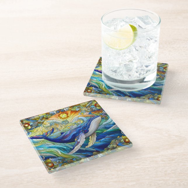 Majestic Marine Mosaic A Stained Glass Whale Glass Coaster (Angled)