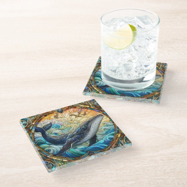 Majestic Marine Mosaic A Stained Glass Whale Glass Coaster (Angled)