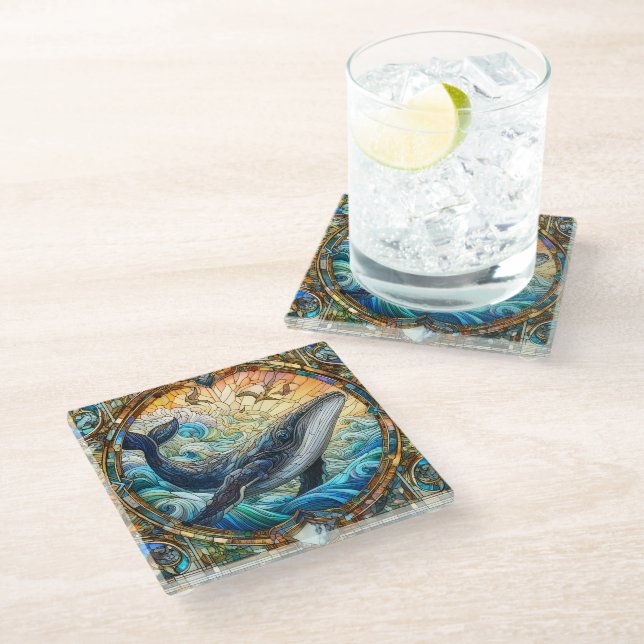Majestic Marine Mosaic A Stained Glass Whale Glass Coaster (Angled)