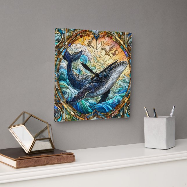 Majestic Marine Mosaic A Stained Glass Whale Square Wall Clock (Office)