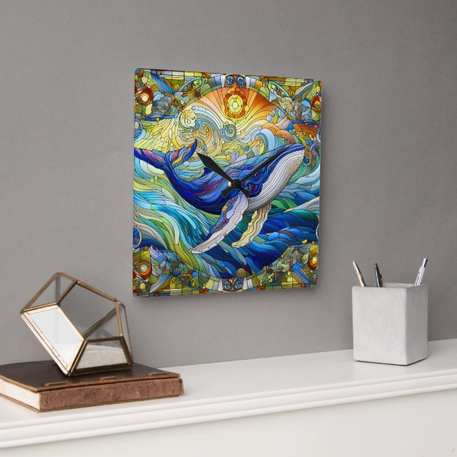 Majestic Marine Mosaic A Stained Glass Whale Square Wall Clock (Office)