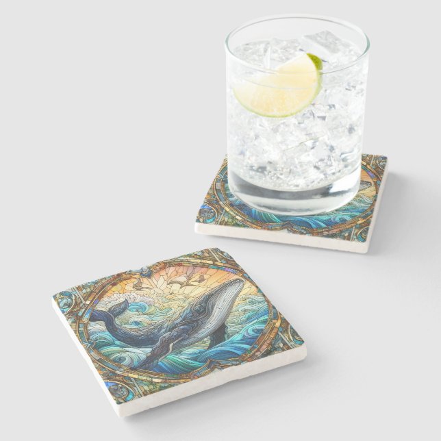 Majestic Marine Mosaic A Stained Glass Whale Stone Coaster (Side)