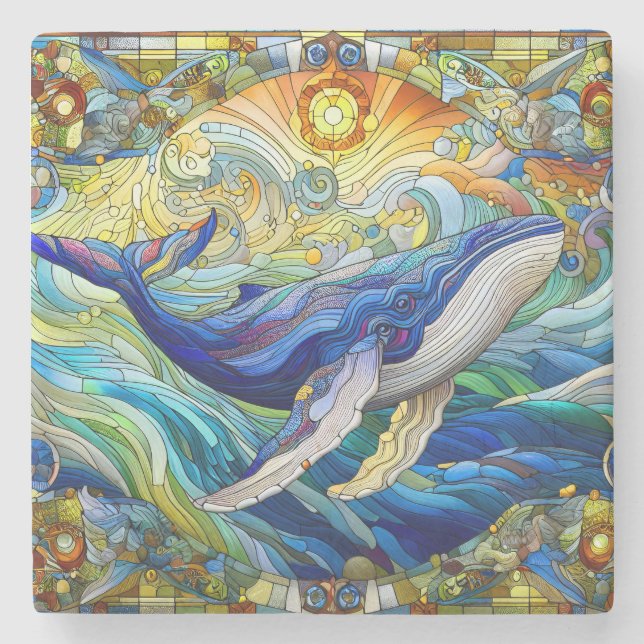 Majestic Marine Mosaic A Stained Glass Whale Stone Coaster (Front)