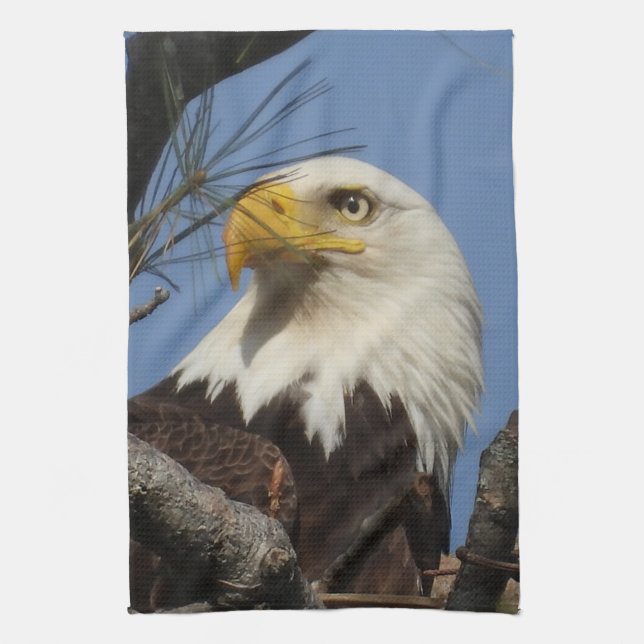 Majestic Mature Bald Eagle in Nest Tea Towel (Vertical)