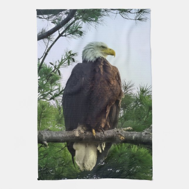 Majestic Mature Bald Eagle Perched in Tree  Tea Towel (Vertical)