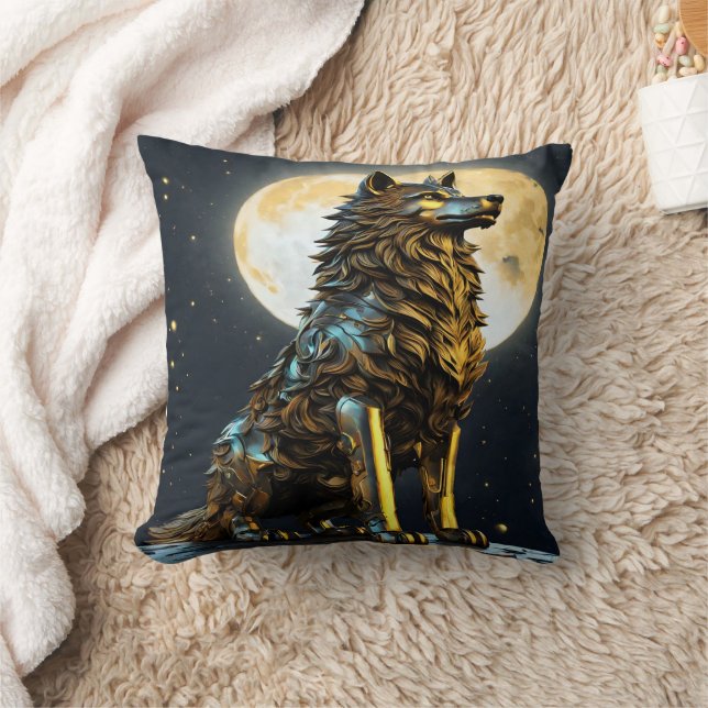 Majestic Metallic Wolf Under Full Moonlight Cushion (Blanket)