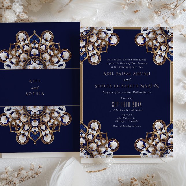 Majestic Midnight Blue and Gold Floral Wedding Invitation (Creator Uploaded)