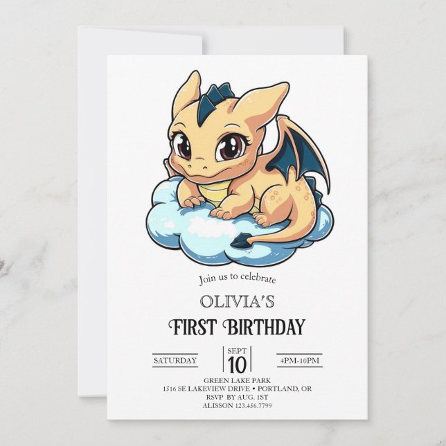 Majestic Minimalist Digital Dragon 1st Birthday Invitation (Front)