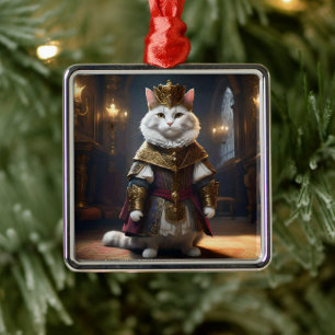 "Majestic Monarch: The Regal White Cat in Robes" Metal Tree Decoration