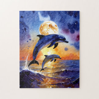 Majestic Moonlit Dolphins at Sunset Ocean Puzzle