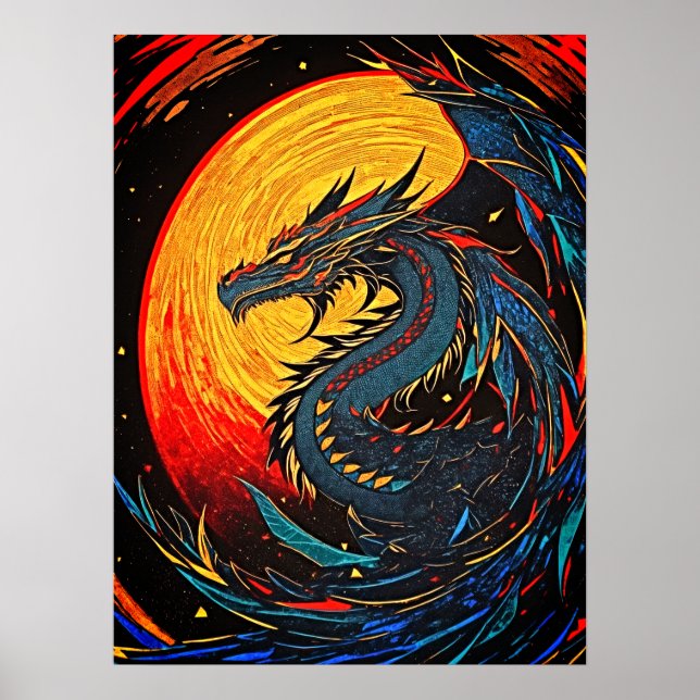 Majestic Moonlit Dragon - Retro Art Poster (Front)