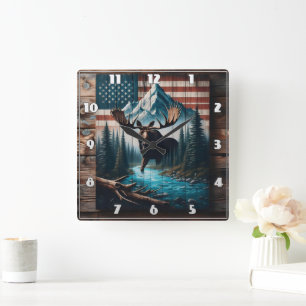 Majestic Moose Against American Flag Background Square Wall Clock