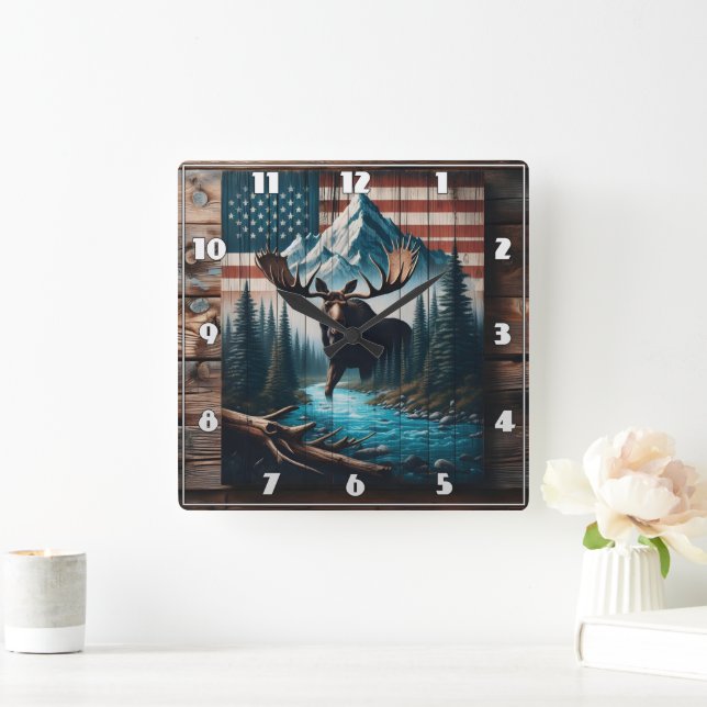 Majestic Moose Against American Flag Background Square Wall Clock (Home)