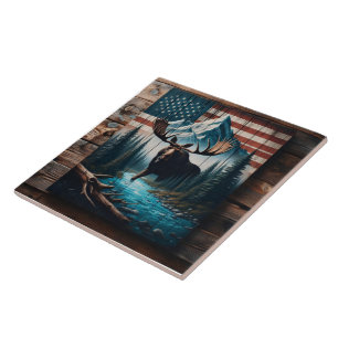 Majestic Moose Against American Flag Background Tile