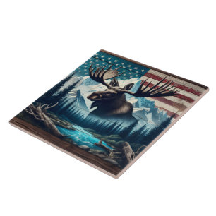 Majestic Moose Against Mountains and American Flag Tile