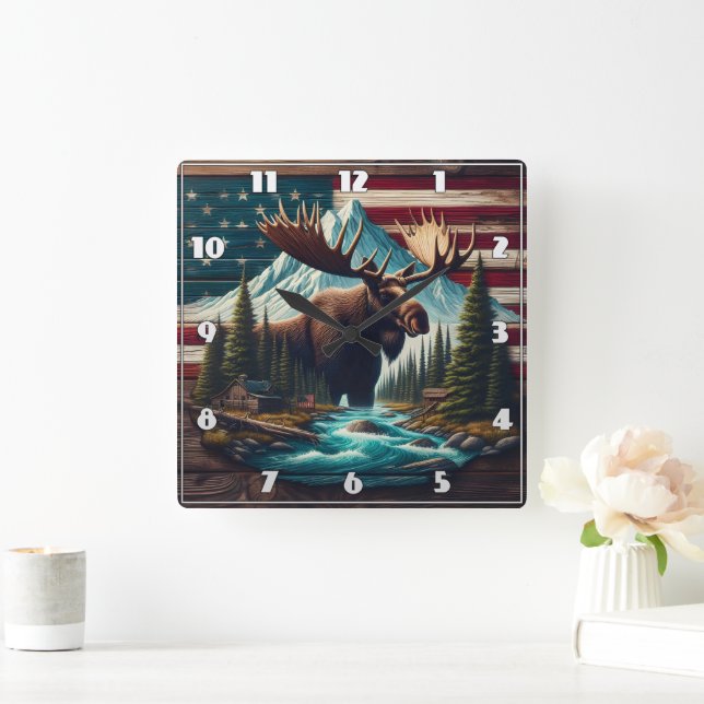 Majestic Moose Among Mountains and American Flags Square Wall Clock (Home)