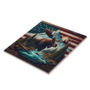 Majestic Moose Among Mountains and American Flags Tile