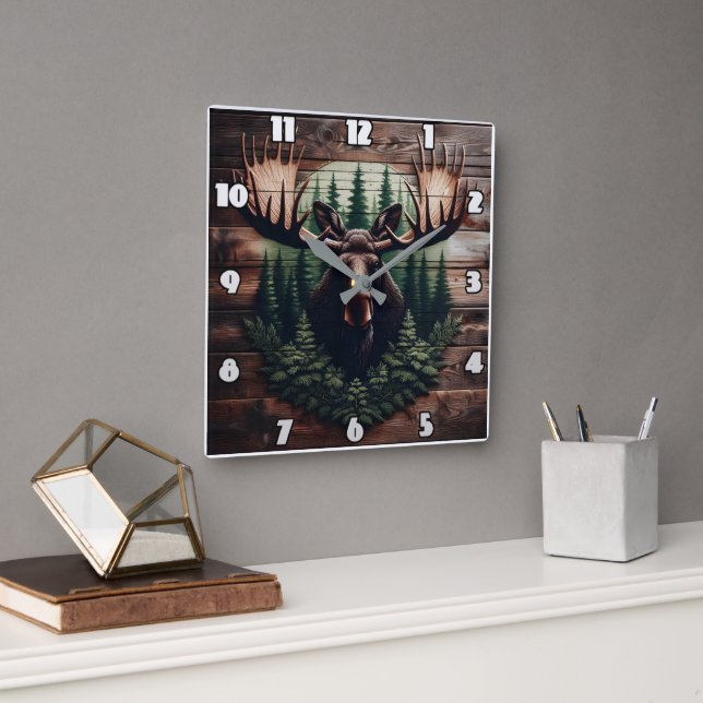 Majestic Moose Art Surrounded by Pine Trees Square Wall Clock (Office)