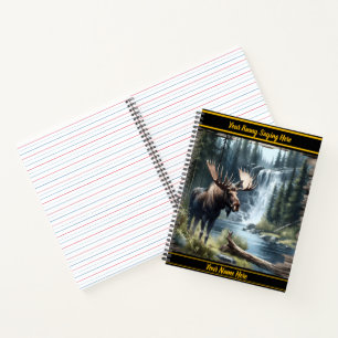 Majestic moose by a serene waterfall at dawn notebook
