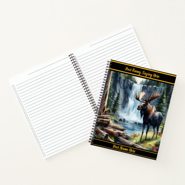 Majestic moose by a tranquil waterfall at dawn notebook (Inside)