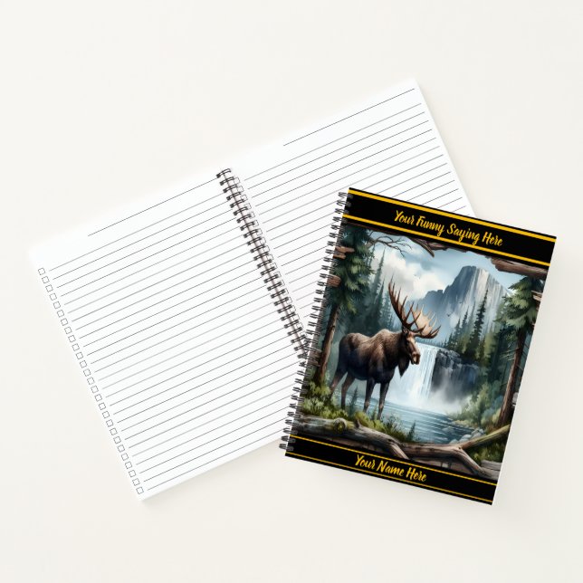Majestic moose by a tranquil waterfall at dawn notebook (Inside)
